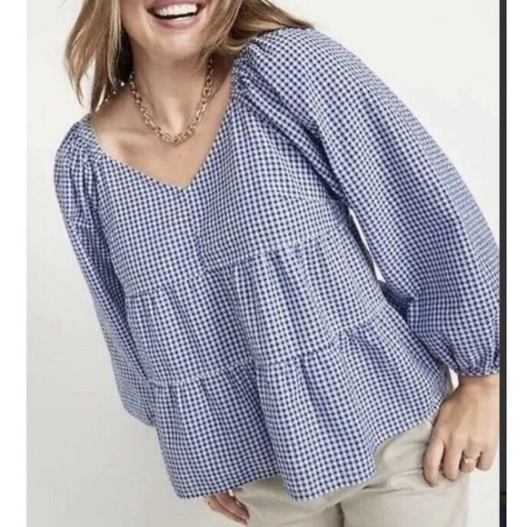 Old Navy Tiered Seersucker Long Sleeve Swing Top Size Medium Plaid Blue White - Picture 2 of 9